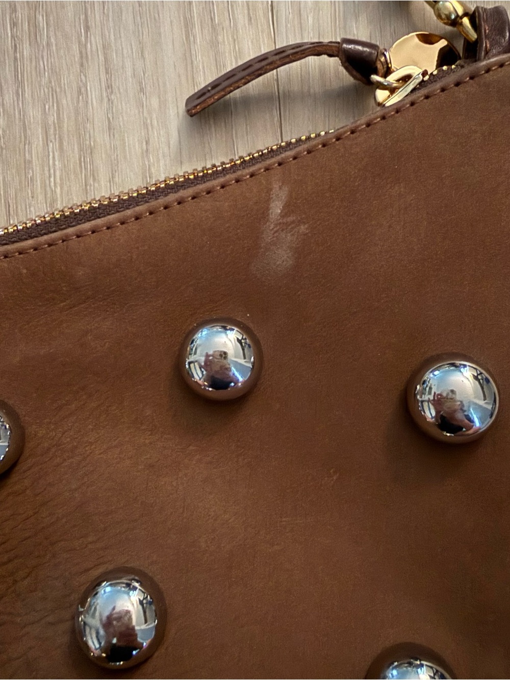 Clare V Lune Studded Brown Leather Shoulder Bag Silver Studs - Picture 6 of 11